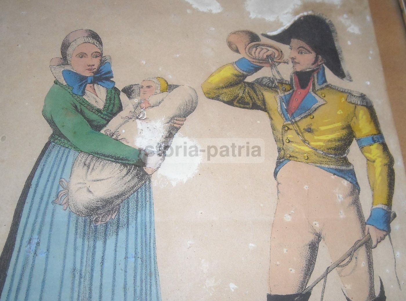 Stampa Antica A Colori: Postiglione E Maternità, Metà '800