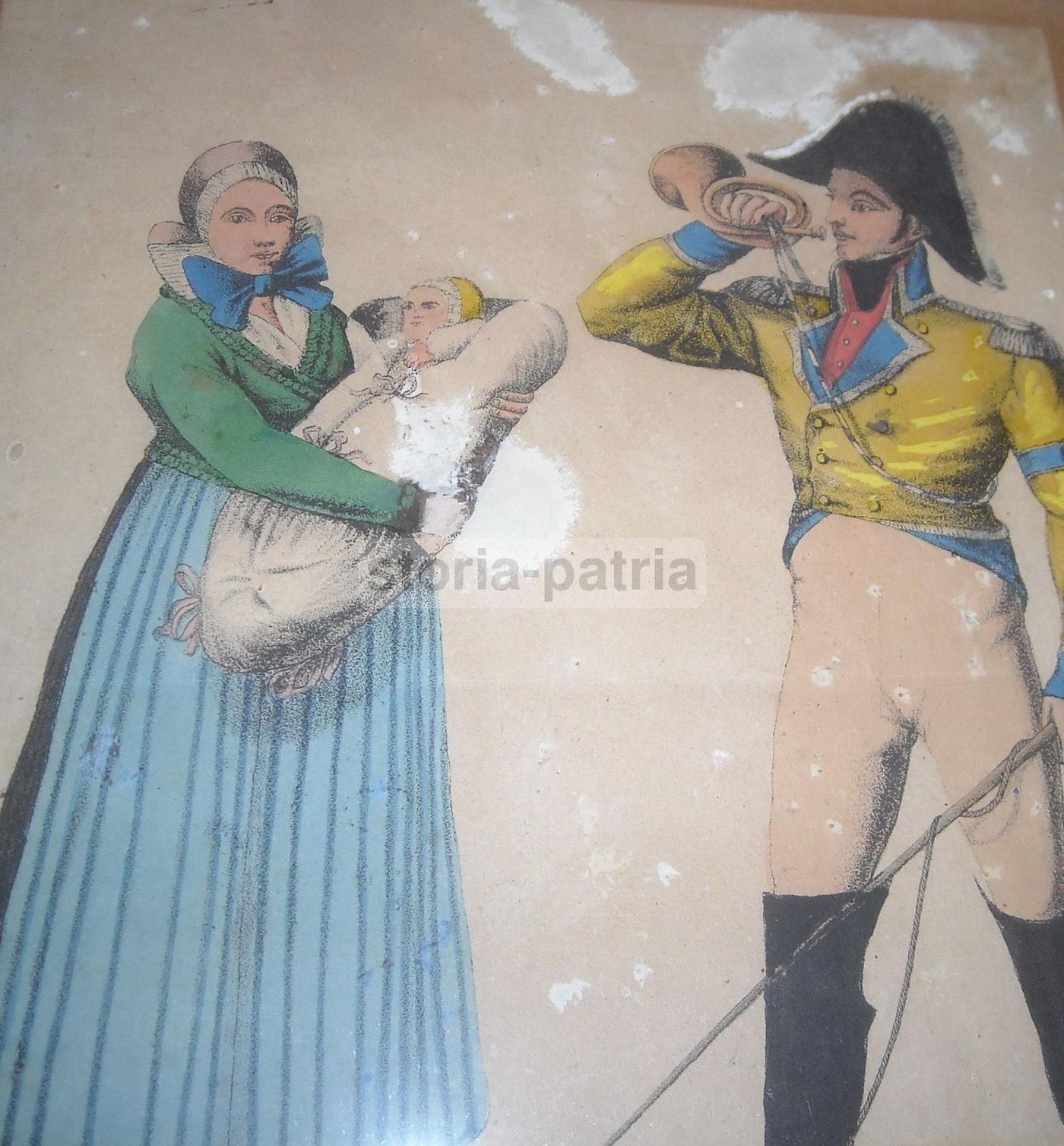 Stampa Antica A Colori: Postiglione E Maternità, Metà '800