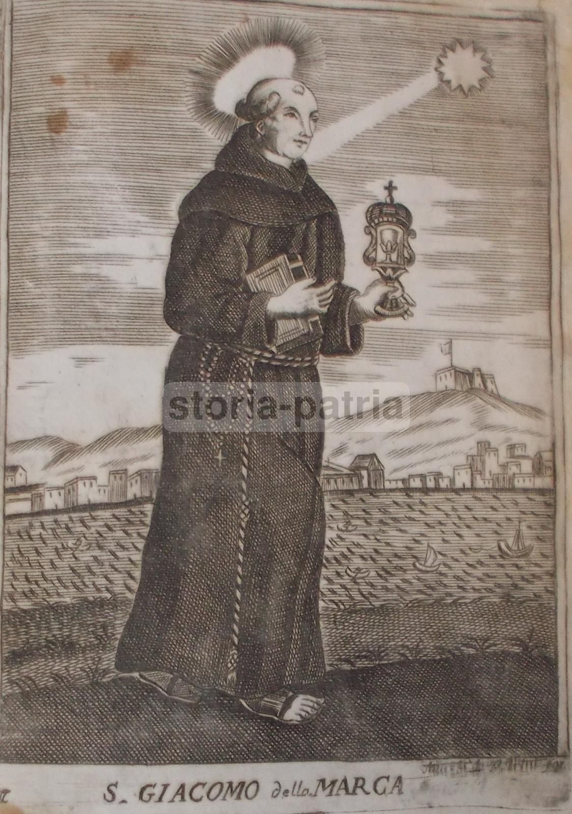 Antica Stampa Devozionale San Giacomo Della Marca Incisione Del XVIII Secolo