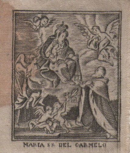 Antica Stampa Devozionale Madonna Del Carmelo Su Tessuto, Fine XVIII Secolo