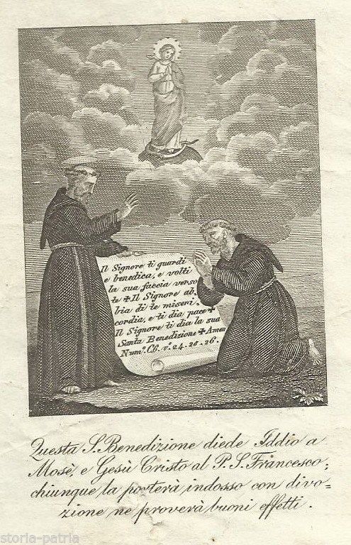 Stampa Devozionale Con San Francesco d'Assisi E La Benedizione, XIX Secolo