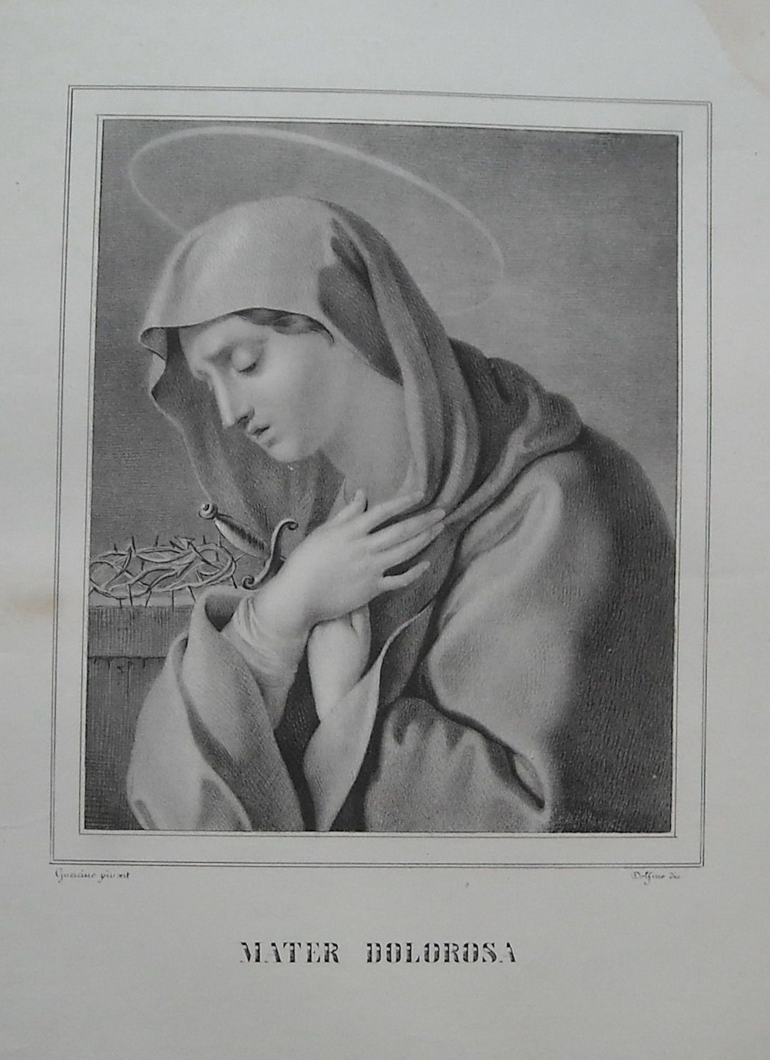 Litografia Mater Dolorosa, Soggetto Da Guercino, Dolfino, XIX Secolo