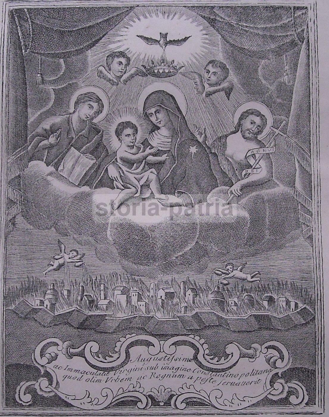 Stampa Devozionale: Madonna Di Costantinopoli Protettrice Dalla Peste E Dall'Incendio, XIX Secolo