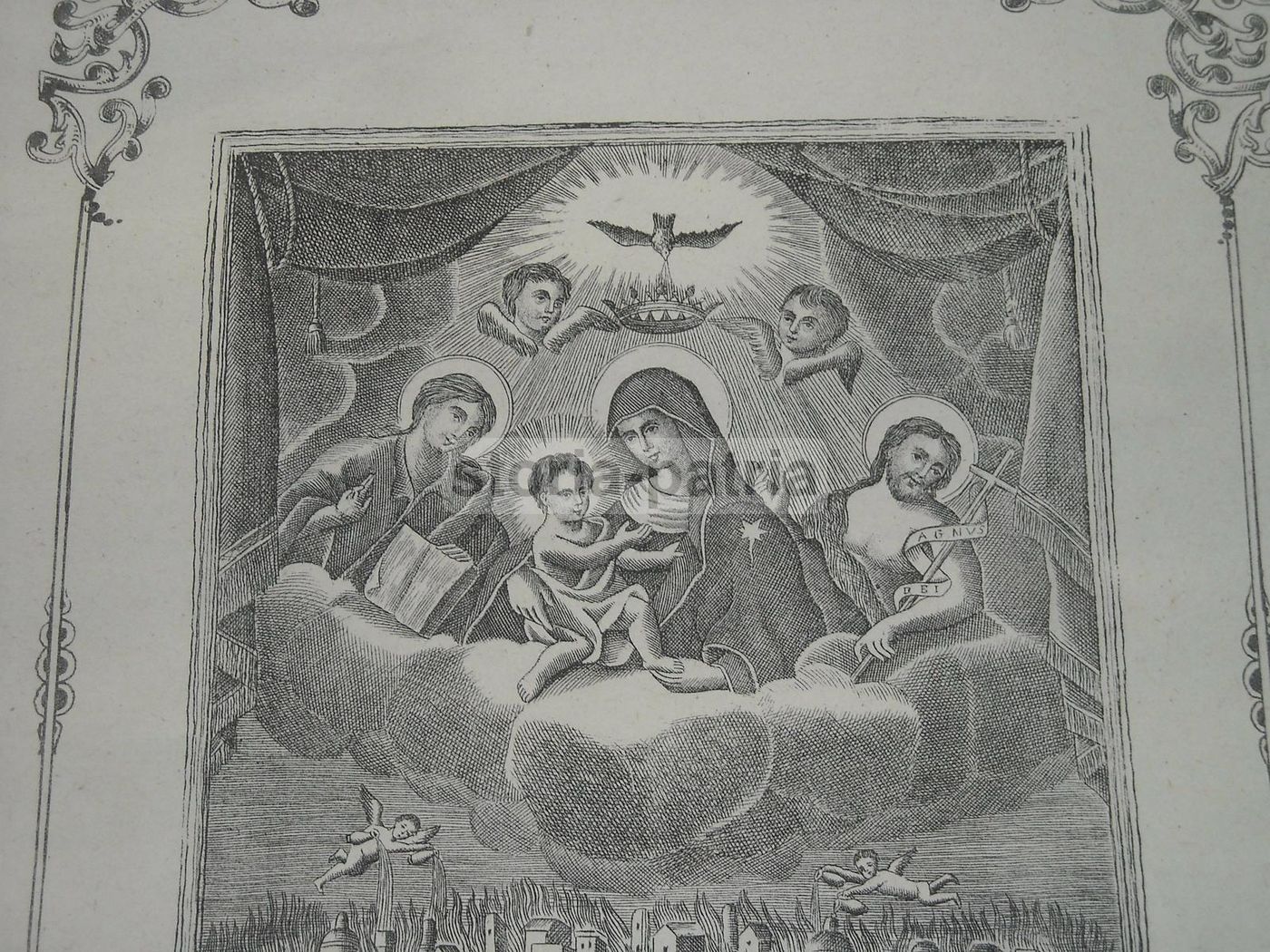 Stampa Devozionale: Madonna Di Costantinopoli Protettrice Dalla Peste E Dall'Incendio, XIX Secolo