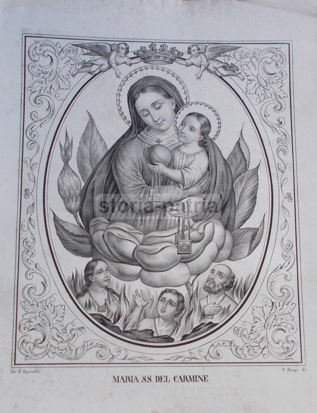 Stampa Antica Madonna Del Carmine, Litografia Francesco Apicella, Napoli, XIX Secolo
