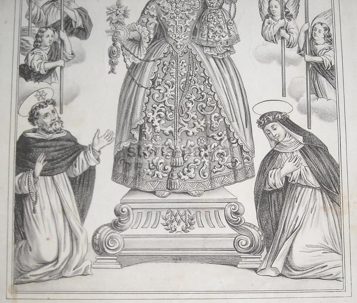 Antica Stampa Litografica Madonna Del Rosario Napoletana, XIX Secolo