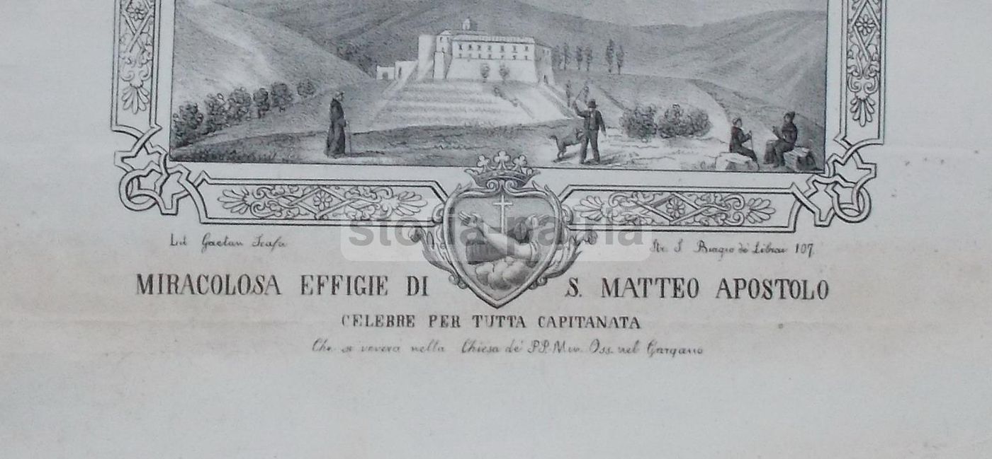 Stampa Devozionale Di San Matteo, Convento Del Gargano, Litografia Del XIX Secolo