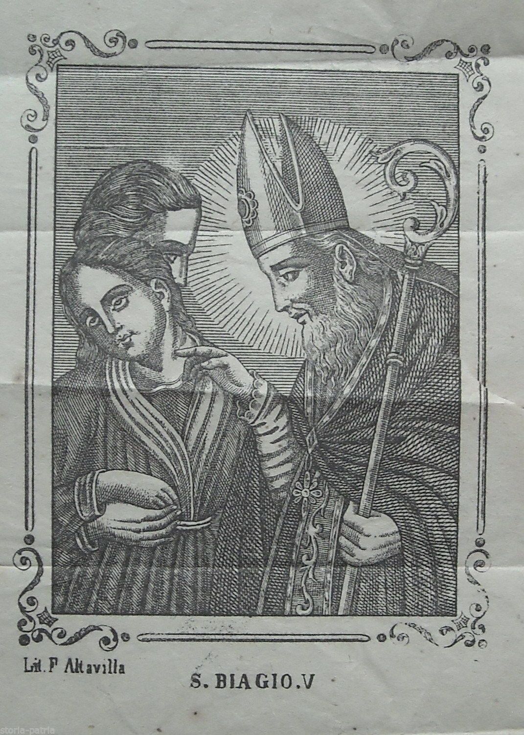 Stampa Devozionale San Biagio, Litografia Altavilla, Napoli, XIX Secolo