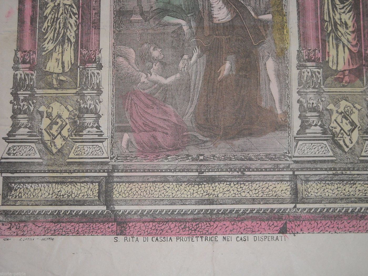 Santa Rita Da Cascia   Antica Stampa Devozionale Colorata A Mano, XIX Secolo