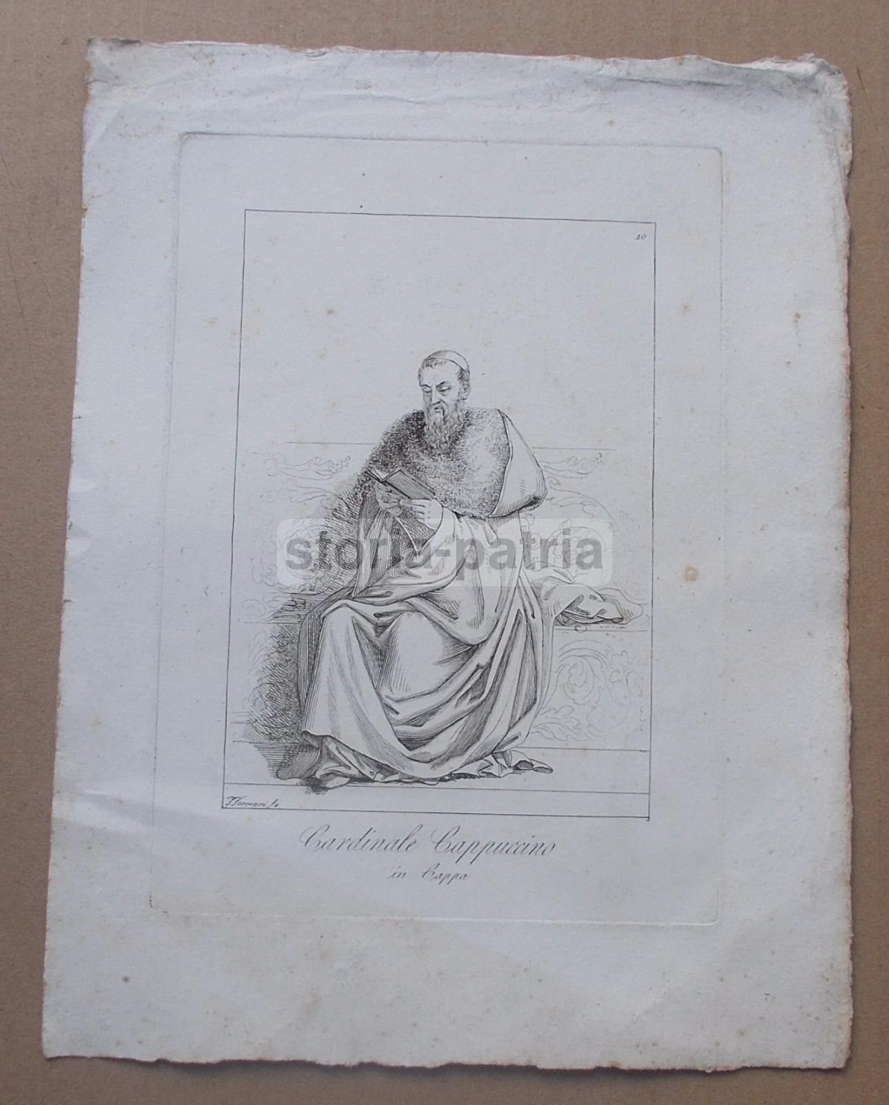 Antica Stampa Popolare: Cardinale Cappuccino, Incisore Ferrari, XIX Secolo