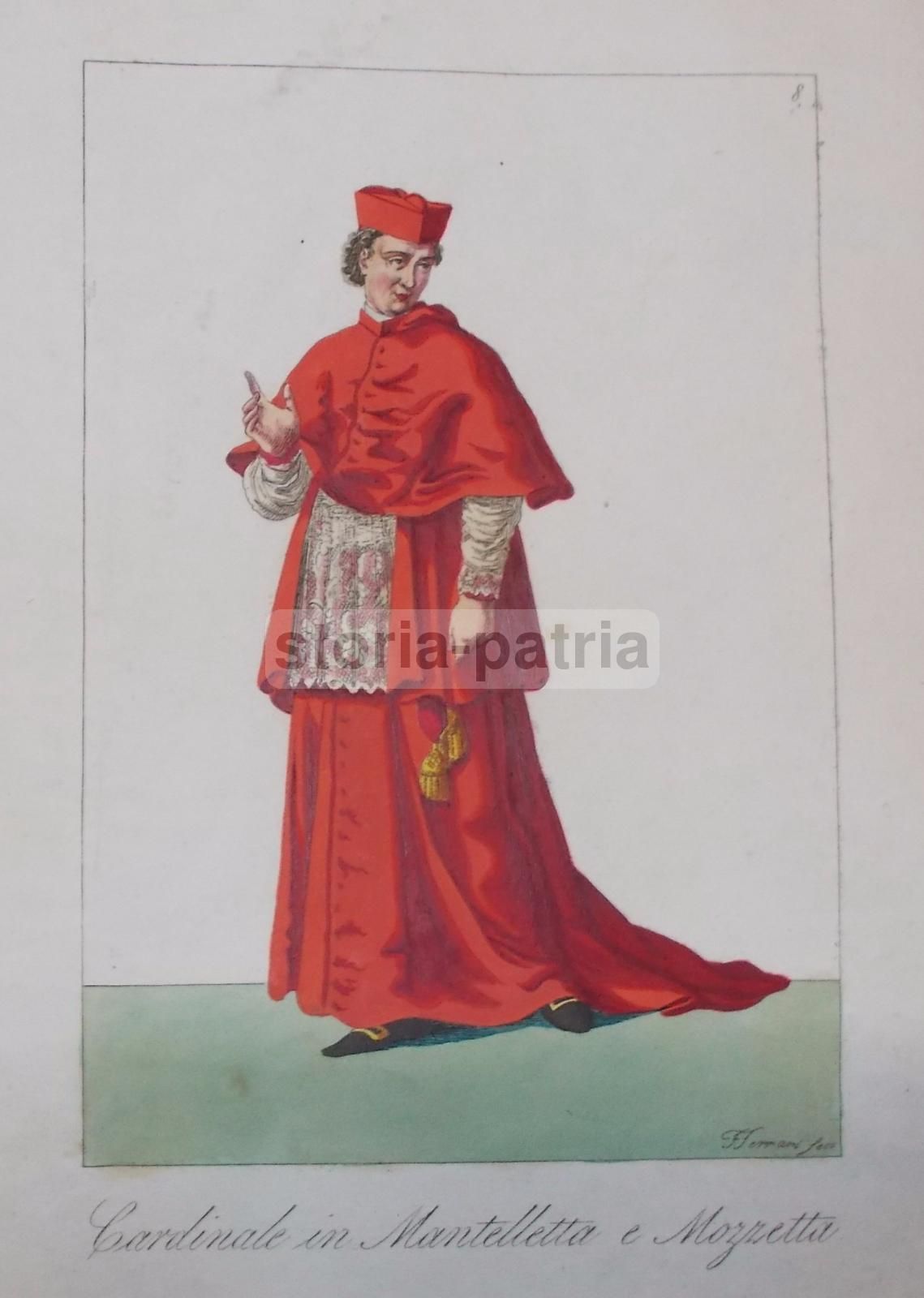 Antica Incisione Del Cardinale Ferrari, Prima Metà Dell'Ottocento, Acquaforte Colorata A Mano
