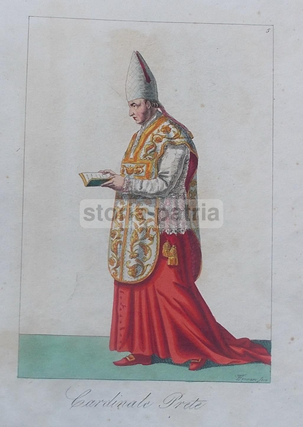Cardinale Prete, Antica Acquaforte Colorata A Mano Di Ferrari, XIX Secolo