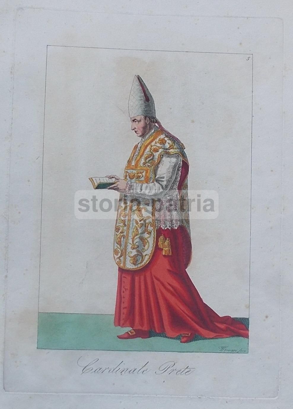 Cardinale Prete, Antica Acquaforte Colorata A Mano Di Ferrari, XIX Secolo