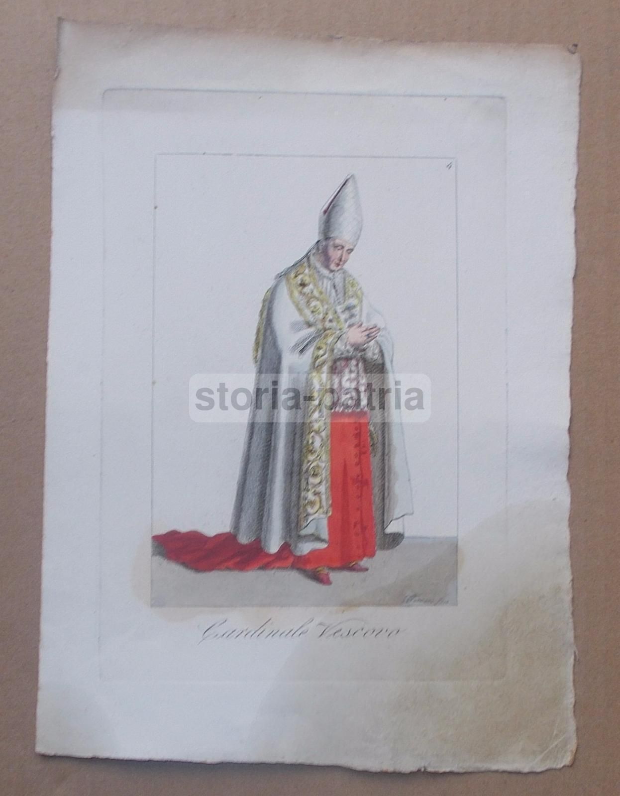 Stampa Antica Raffigurante Un Cardinale Vescovo, Incisore Ferrari, Acquaforte, XIX Secolo