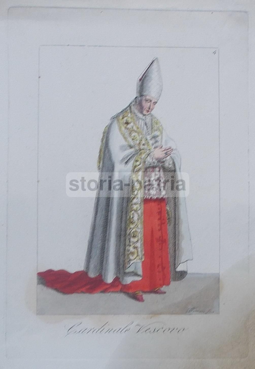Stampa Antica Raffigurante Un Cardinale Vescovo, Incisore Ferrari, Acquaforte, XIX Secolo