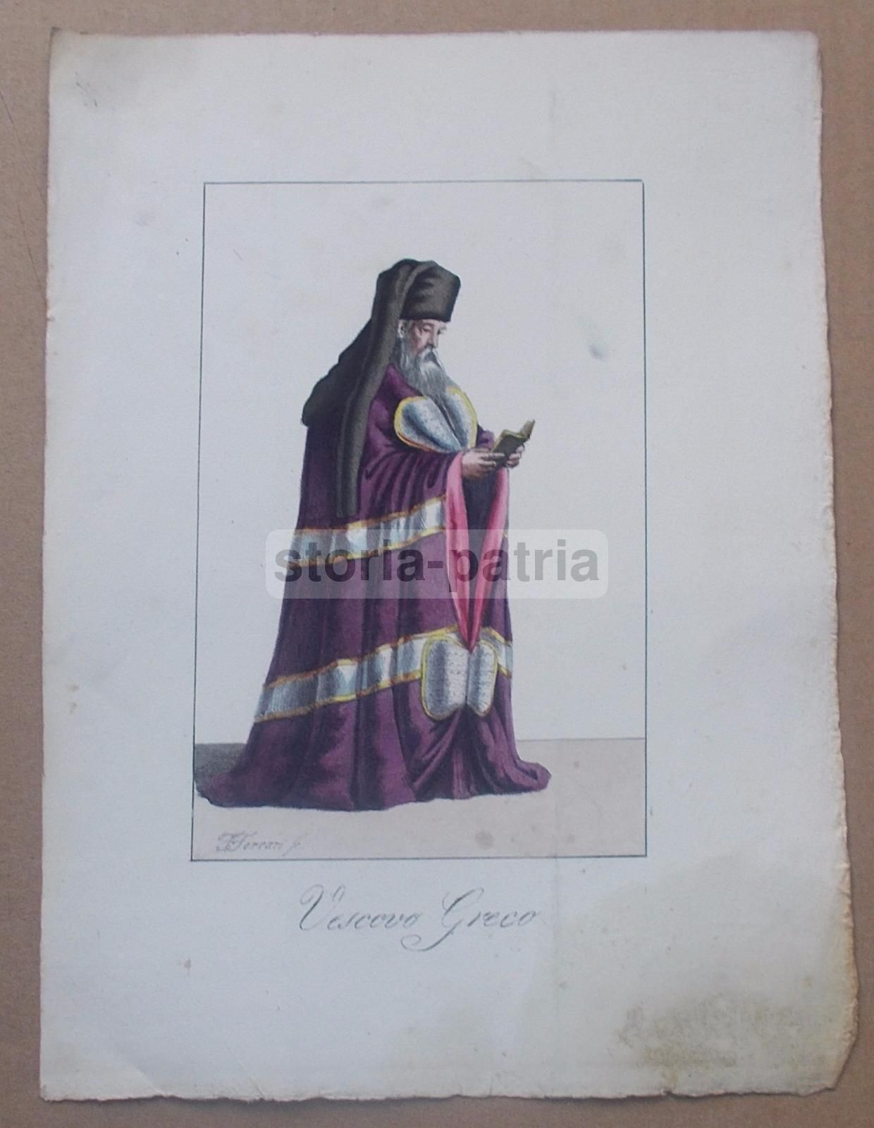 Antica Stampa Vescovo Greco, Acquaforte Colorata A Mano, Ferrari, Prima Metà XIX Secolo