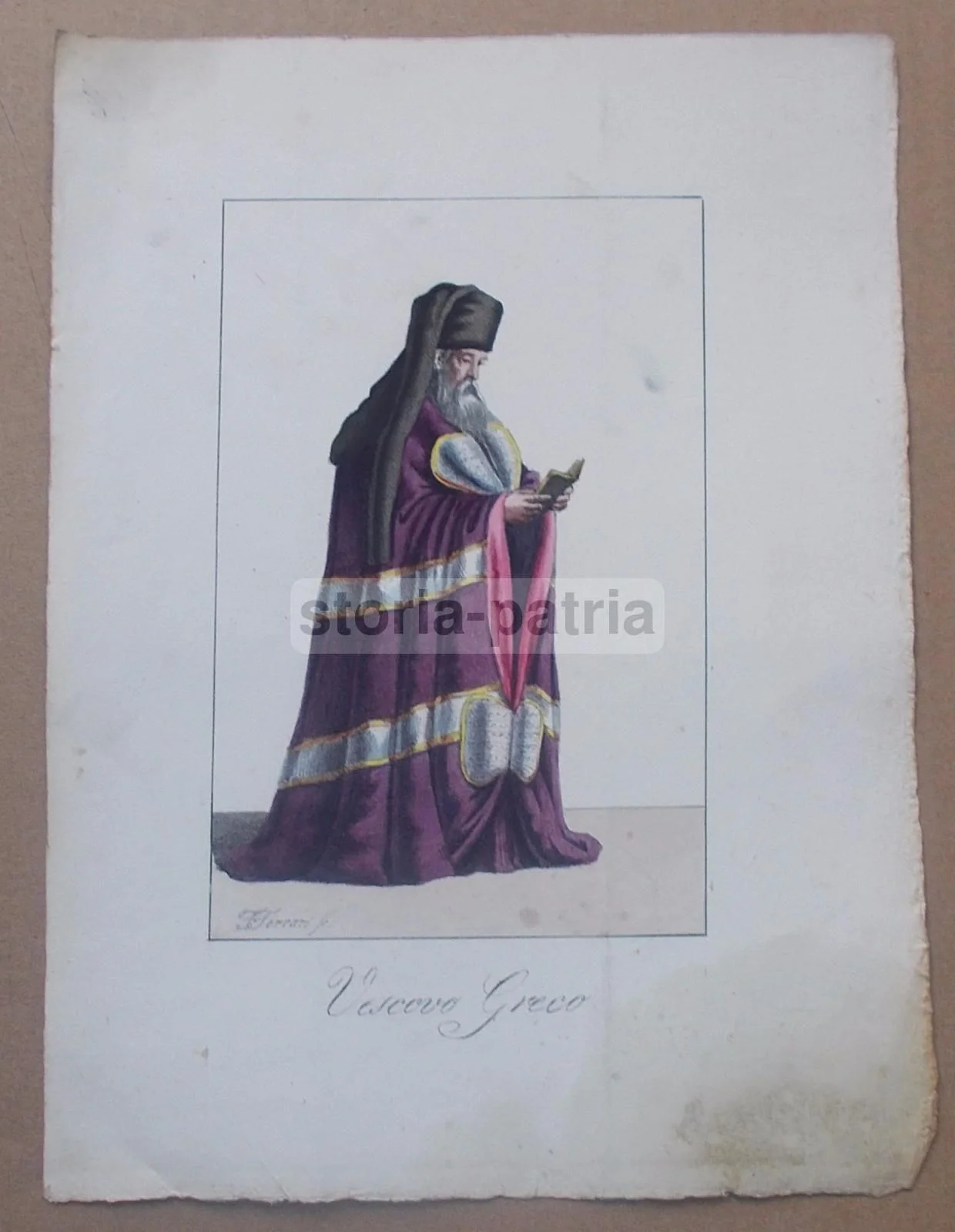 Antica Stampa Vescovo Greco, Acquaforte Colorata a Mano, Ferrari, Prima Metà Xix Secolo