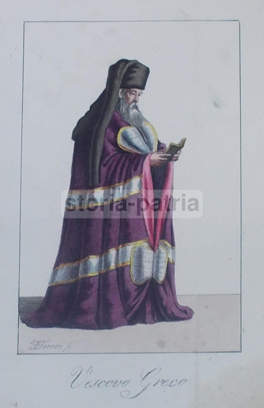 Antica Stampa Vescovo Greco, Acquaforte Colorata A Mano, Ferrari, Prima Metà XIX Secolo