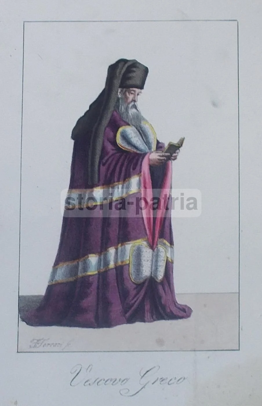 Antica Stampa Vescovo Greco, Acquaforte Colorata a Mano, Ferrari, Prima Metà Xix Secolo