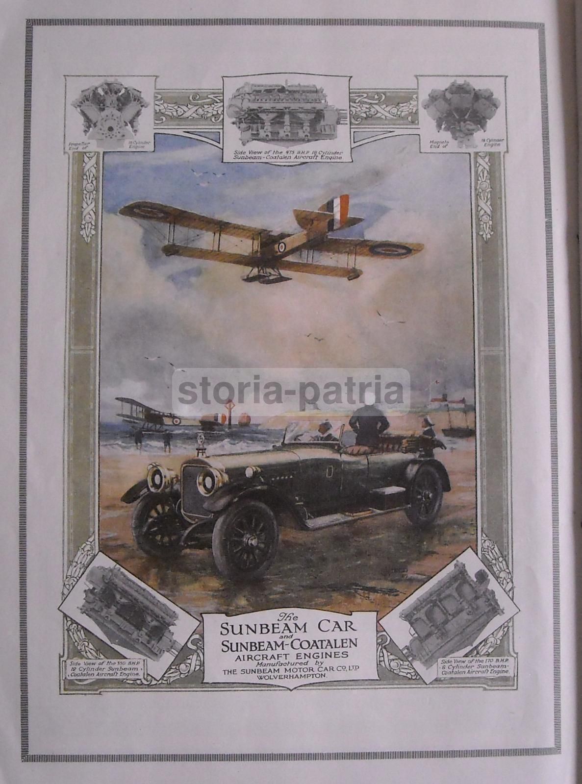Stampa Pubblicitaria Antica Automobili Sunbeam Ed Aeroplani Anni '20