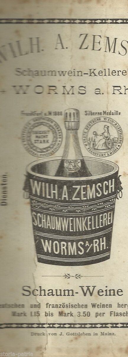 Stampa Pubblicitaria Distilleria Zemsch Worms Fine '800 Spumante