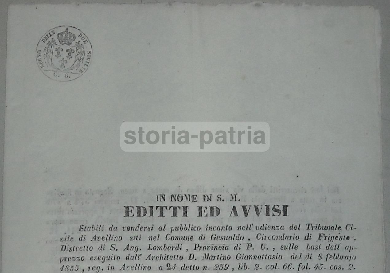 Editto 1855: Vendita Immobili A Gesualdo (Avellino), Regno Delle Due Sicilie