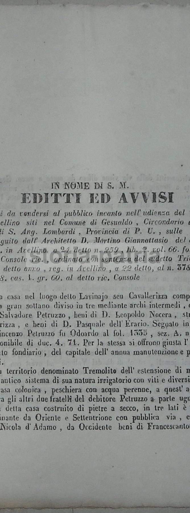 Editto 1855: Vendita Immobili A Gesualdo (Avellino), Regno Delle Due Sicilie