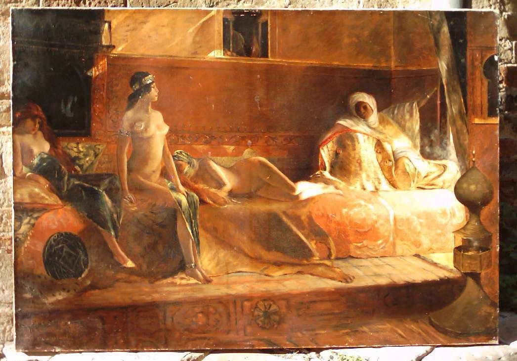 Dipinto Orientalista "Les Cherifas"   Harem, 1916, Olio Su Tela, 81x116 Cm