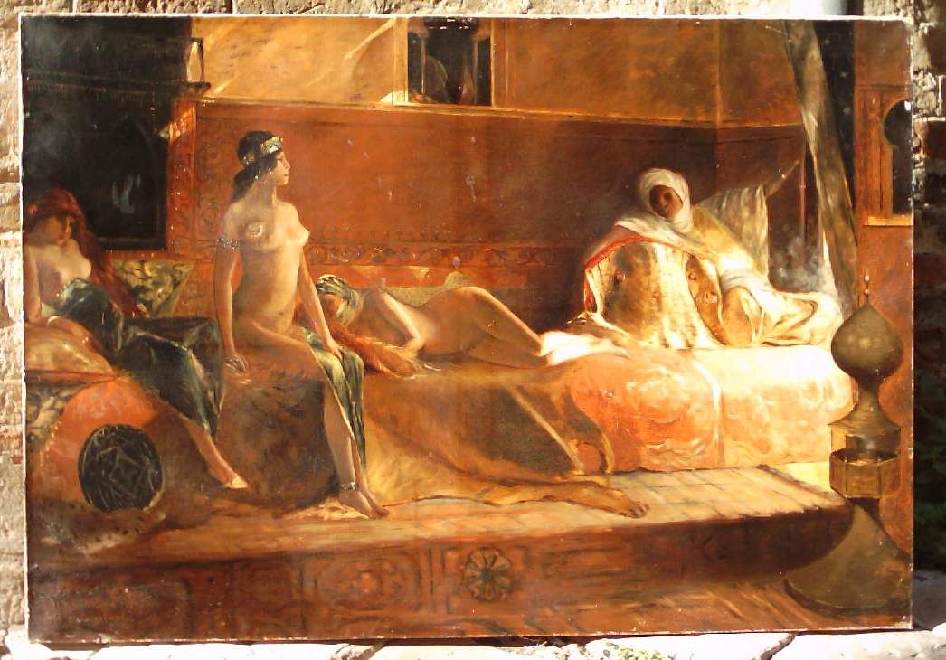 Dipinto Orientalista "Les Cherifas"   Harem, 1916, Olio Su Tela, 81x116 Cm