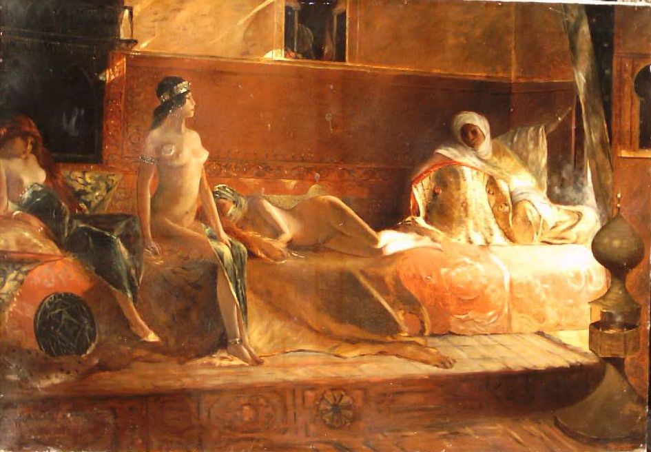 Dipinto Orientalista "Les Cherifas"   Harem, 1916, Olio Su Tela, 81x116 Cm