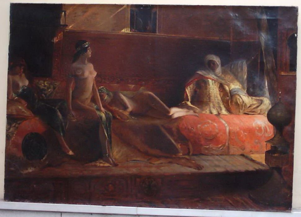 Dipinto Orientalista "Les Cherifas"   Harem, 1916, Olio Su Tela, 81x116 Cm