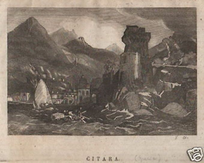 Antica Incisione Di Cetara, 1839: Veduta Del Porto Con Torre Saracena