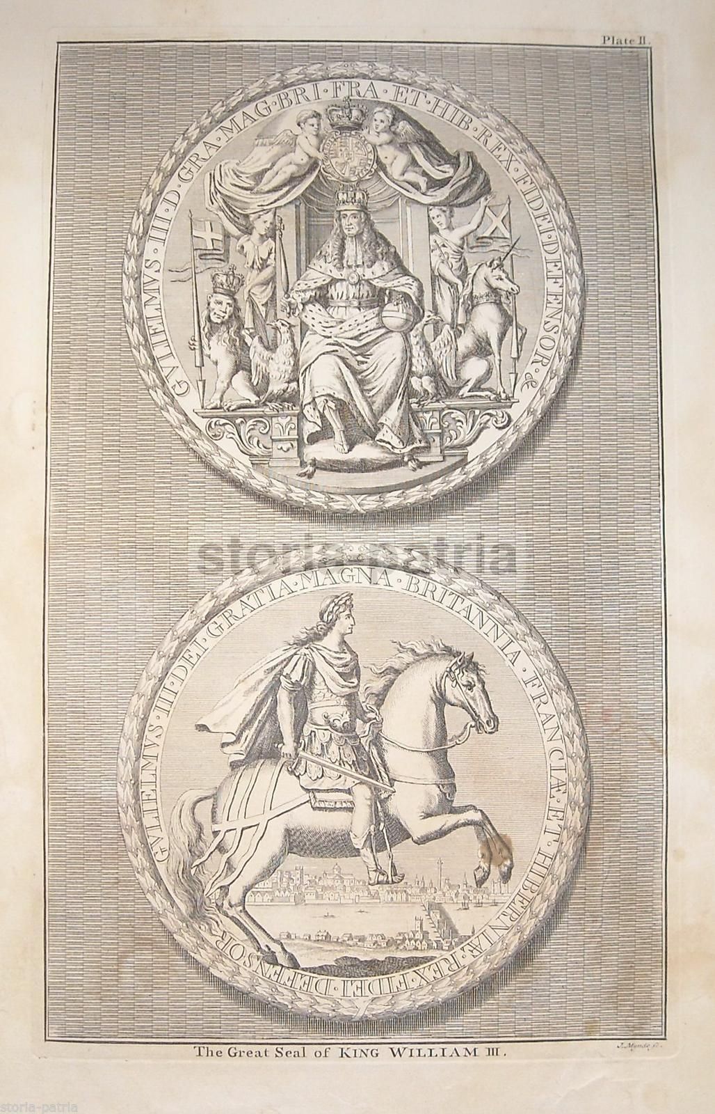 Grande Sigillo Di Re Guglielmo III: Incisione Antica Con Medaglia, XVIII Secolo