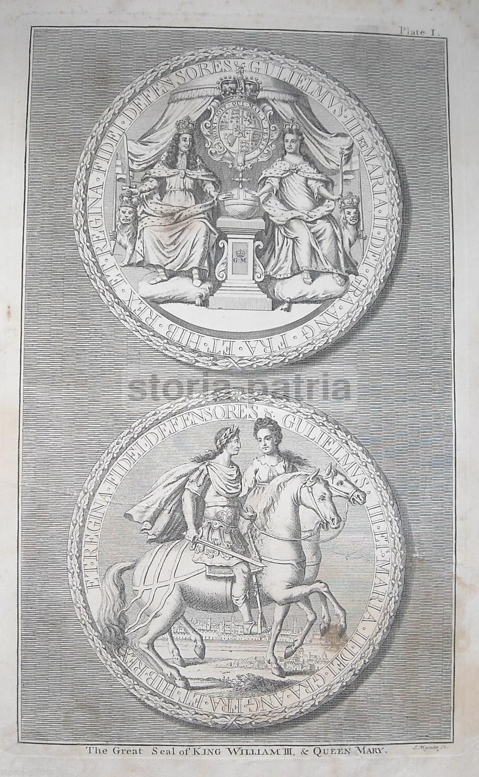 Incisione Antica Grande Sigillo William III E Regina Mary 1700