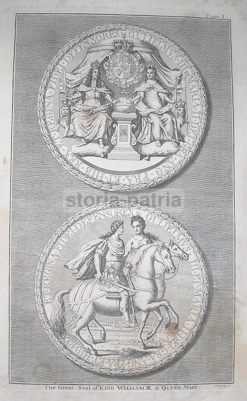 Incisione Antica Grande Sigillo William III E Regina Mary 1700