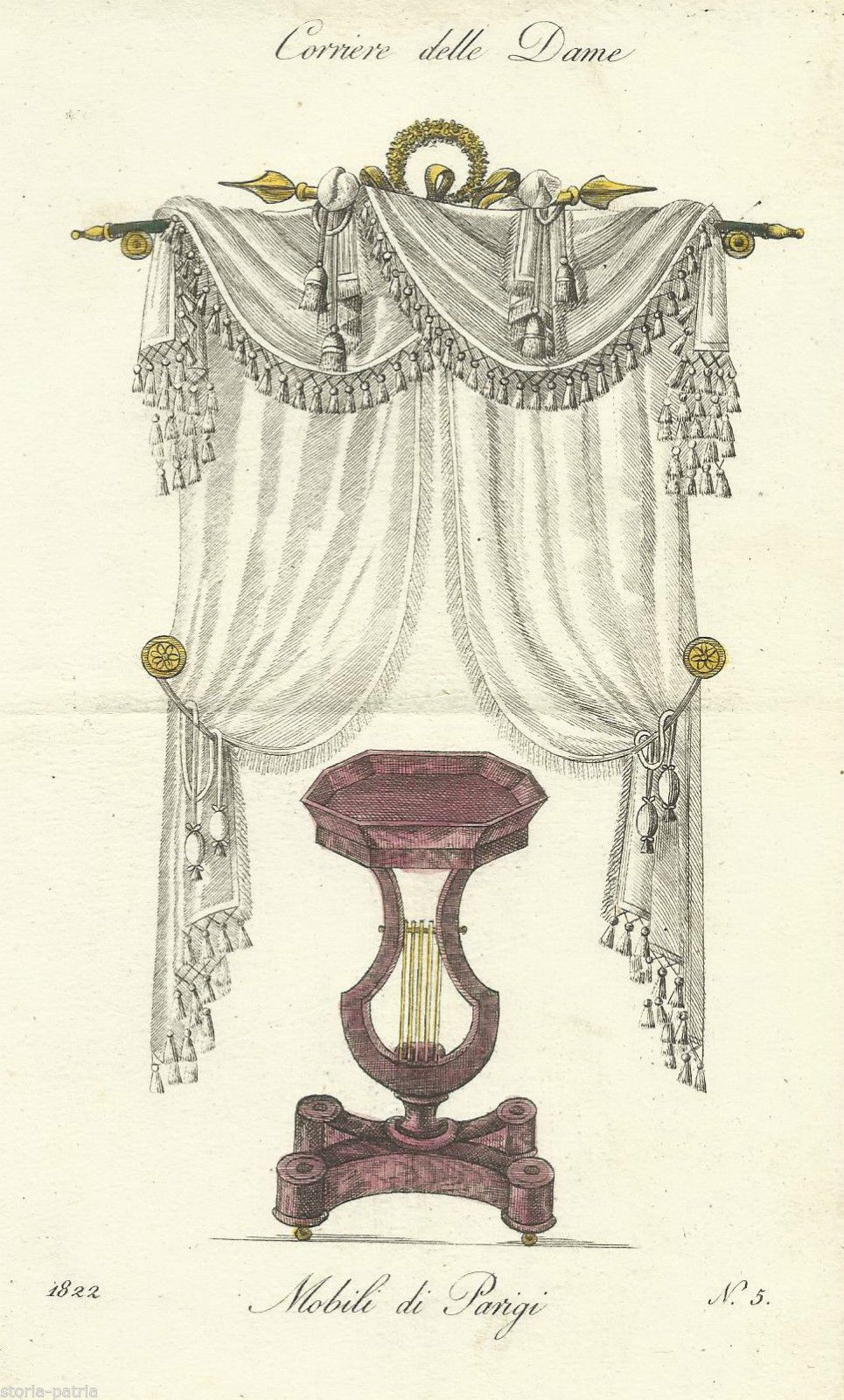Stampa Antica Arredi Parigini 1822 Tenda Tavolinetto Lira
