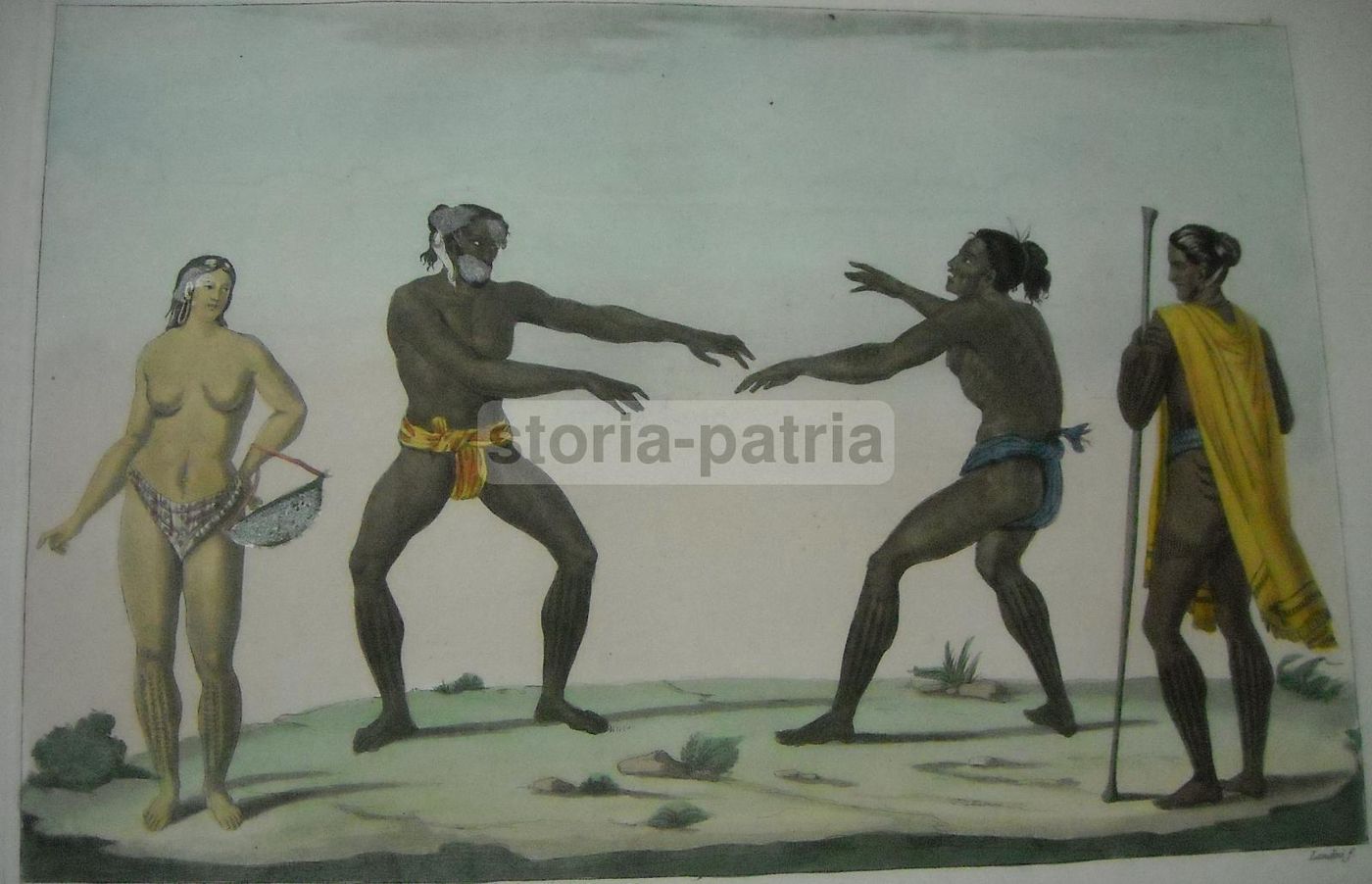 Antica Incisione: Danza E Lotta Nelle Isole Caroline, Micronesia, Landini, XIX Secolo