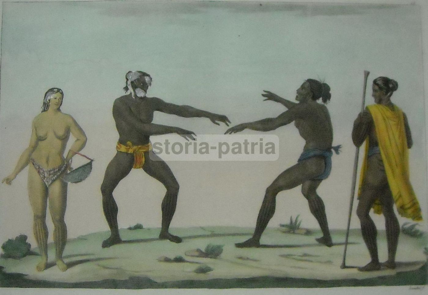 Antica Incisione: Danza E Lotta Nelle Isole Caroline, Micronesia, Landini, XIX Secolo