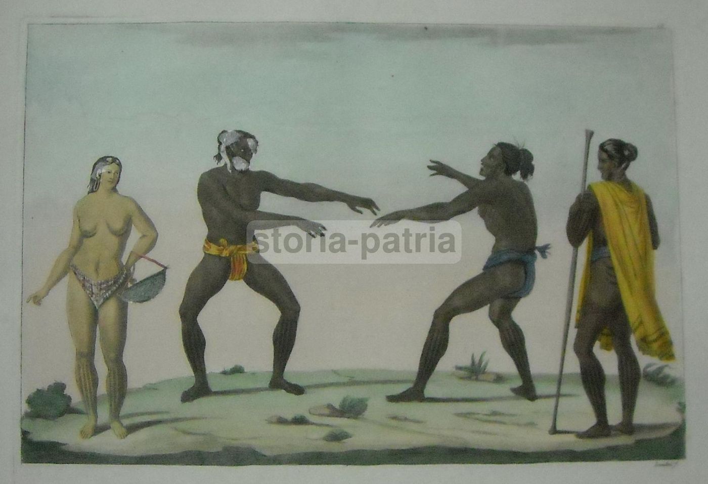 Antica Incisione: Danza E Lotta Nelle Isole Caroline, Micronesia, Landini, XIX Secolo