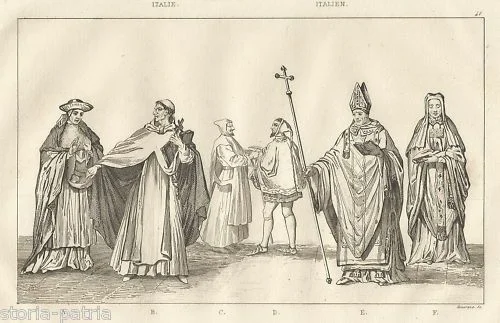 Antique Print, Italian Religious Costumes, Engraving by Rouargue, 1800