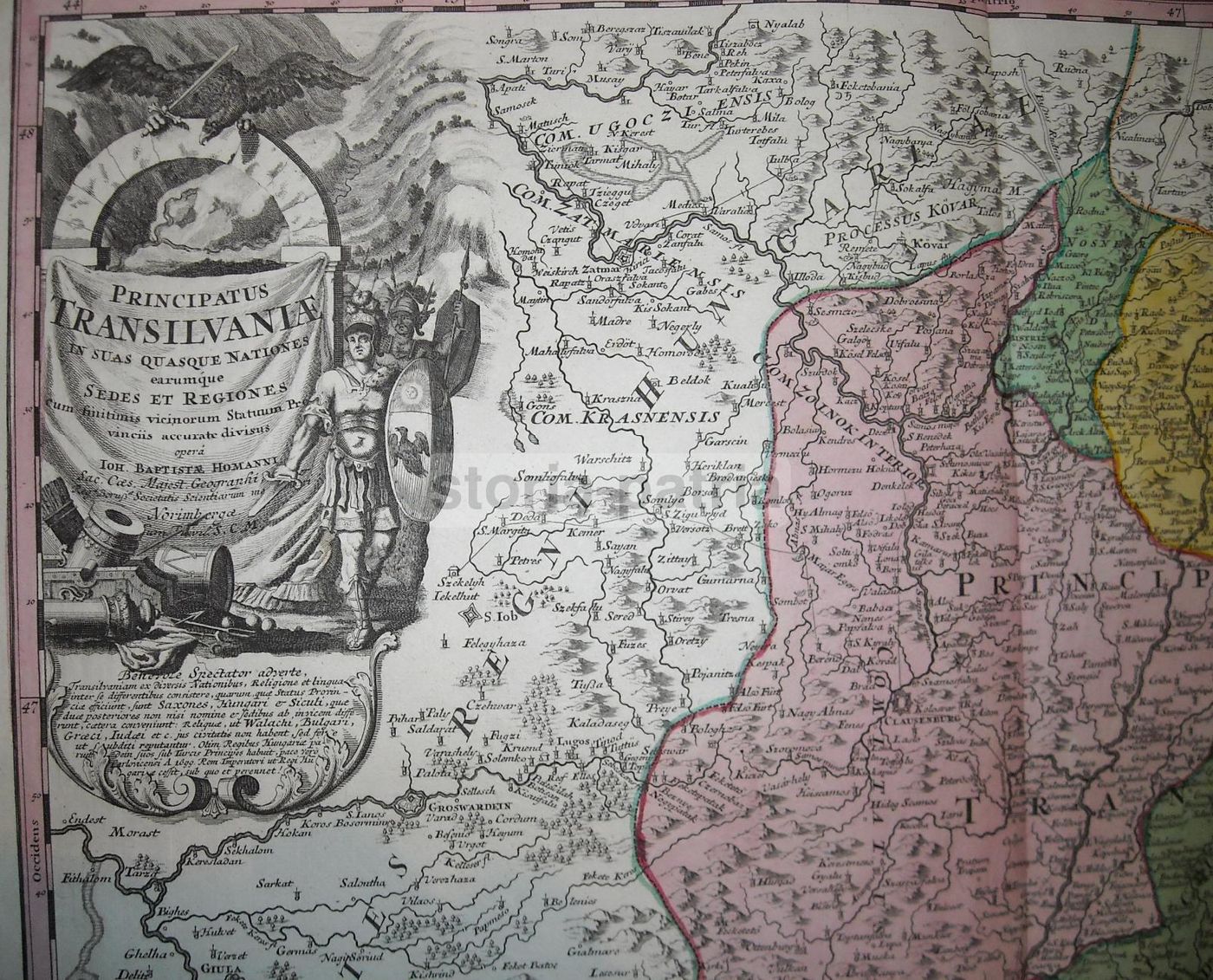 Mappa Antica Della Transilvania Di I.B. Homann, Acquaforte Colorata A Mano, XVIII Secolo