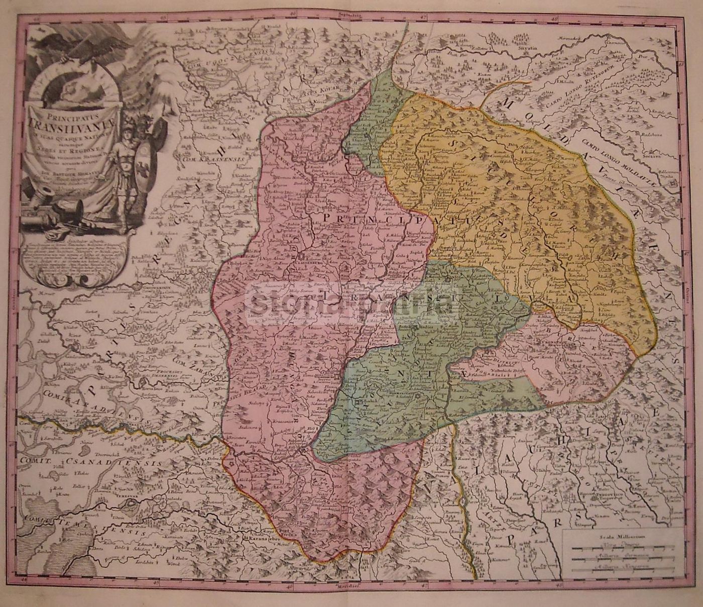 Mappa Antica Della Transilvania Di I.B. Homann, Acquaforte Colorata A Mano, XVIII Secolo