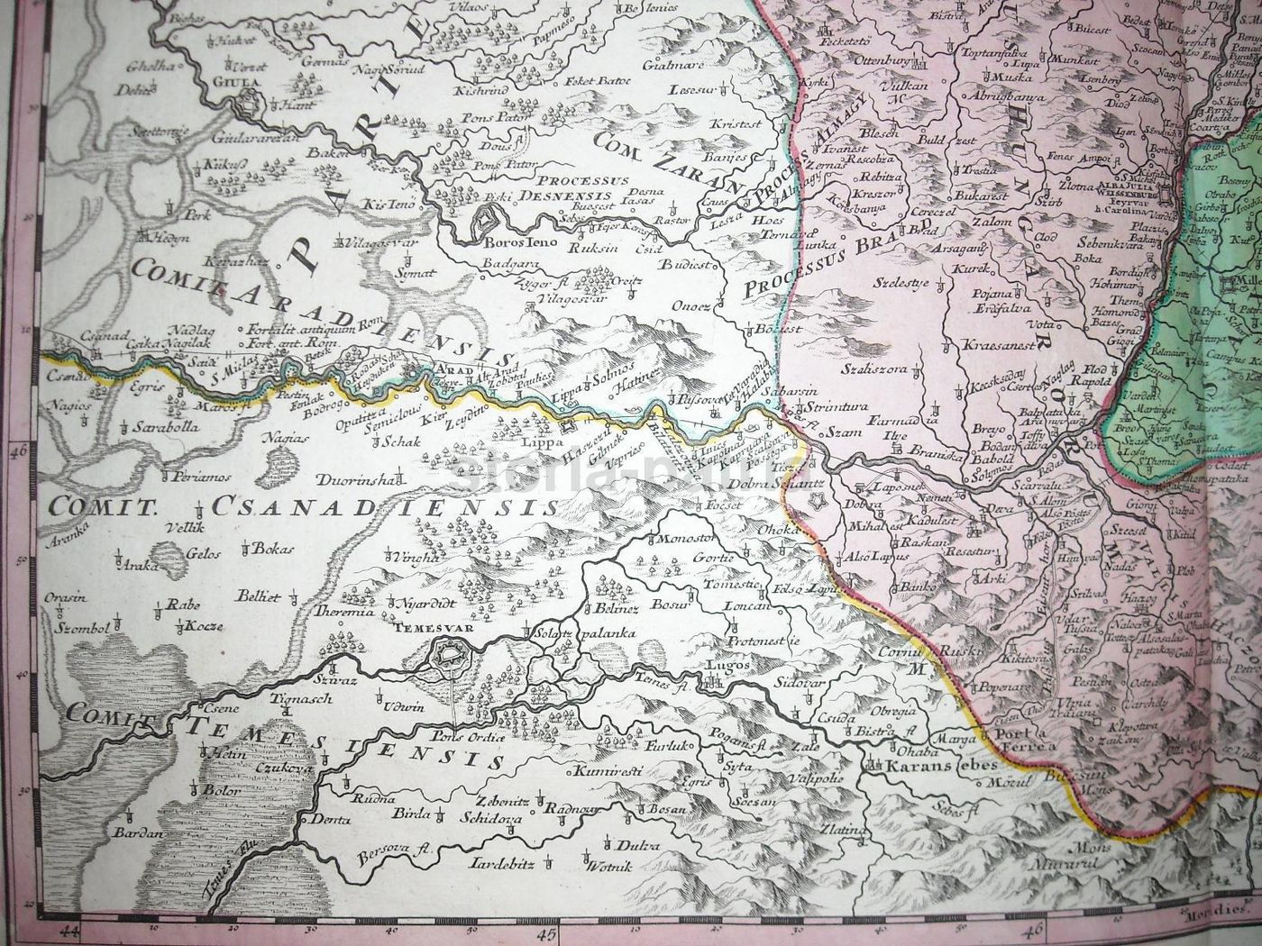 Mappa Antica Della Transilvania Di I.B. Homann, Acquaforte Colorata A Mano, XVIII Secolo