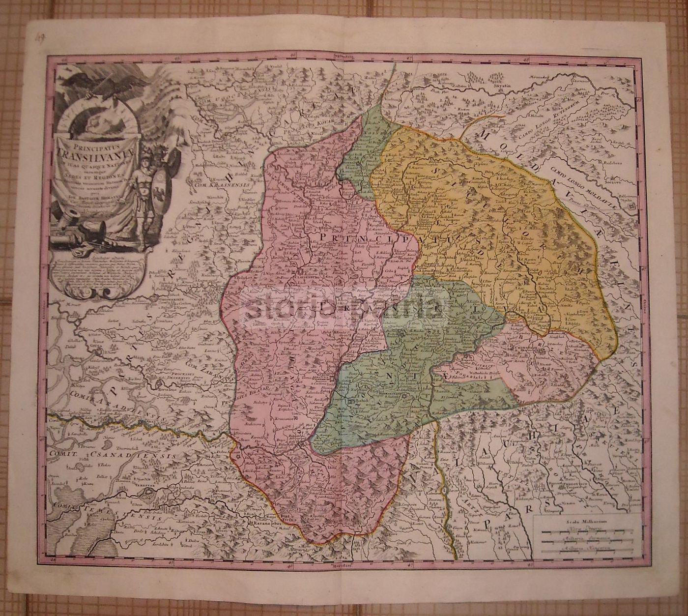 Mappa Antica Della Transilvania Di I.B. Homann, Acquaforte Colorata A Mano, XVIII Secolo