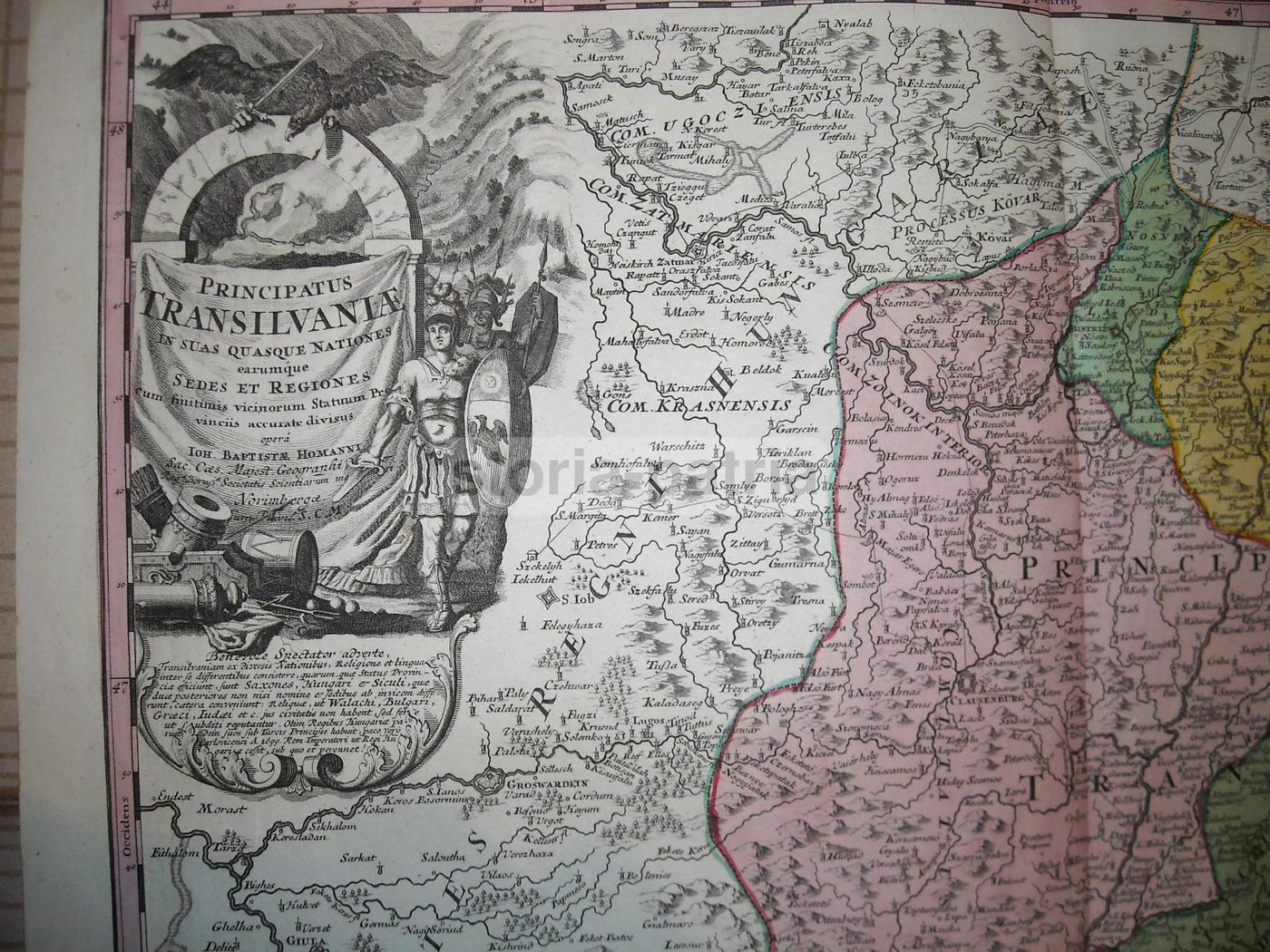 Mappa Antica Della Transilvania Di I.B. Homann, Acquaforte Colorata A Mano, XVIII Secolo
