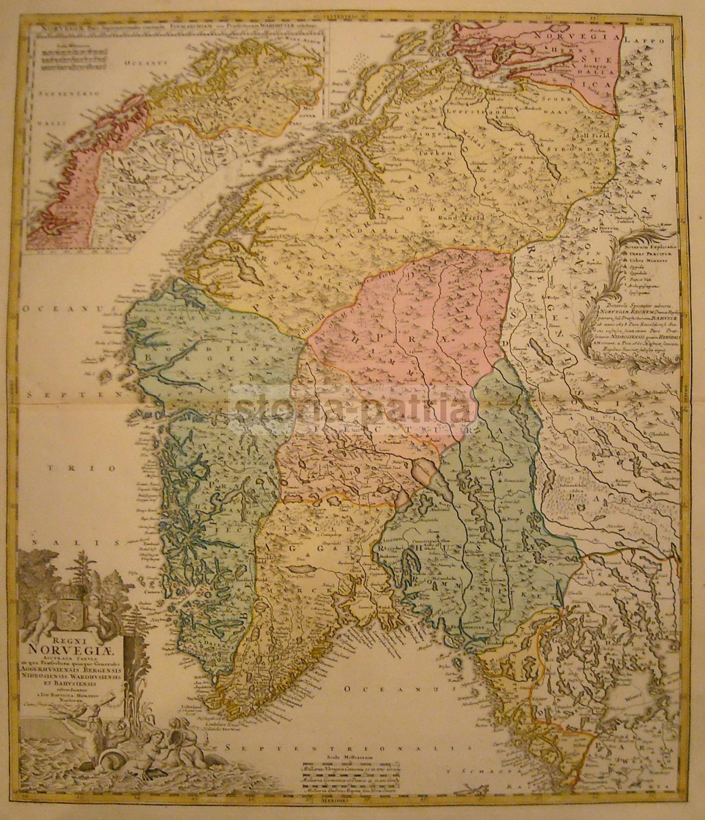 Mappa Antica Della Norvegia Di I. B. Homann, XVIII Secolo