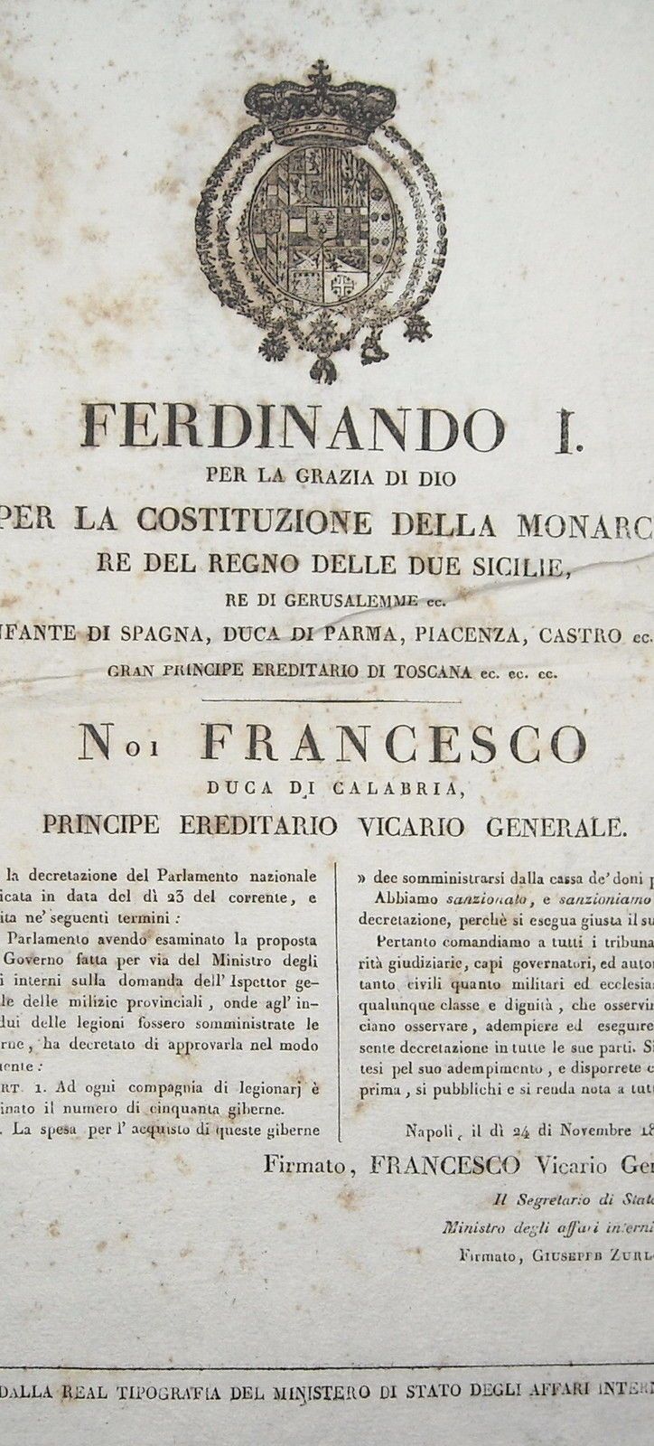 Editto Borbonico 1820 Giberne Milizie Provinciali Stemma Araldico