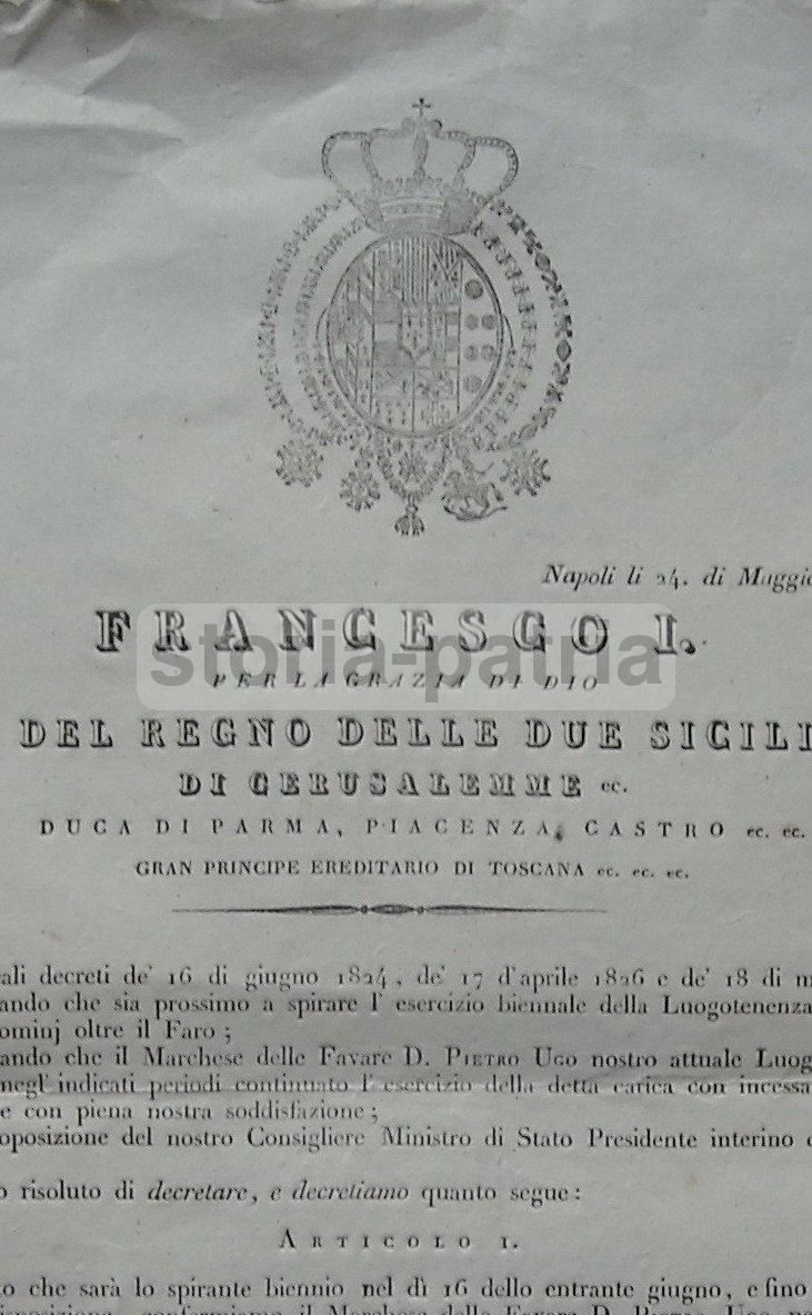 Editto Borbonico 1830 Con Stemma Araldico: Nomina Di Pietro Ugo, Marchese Delle Favare