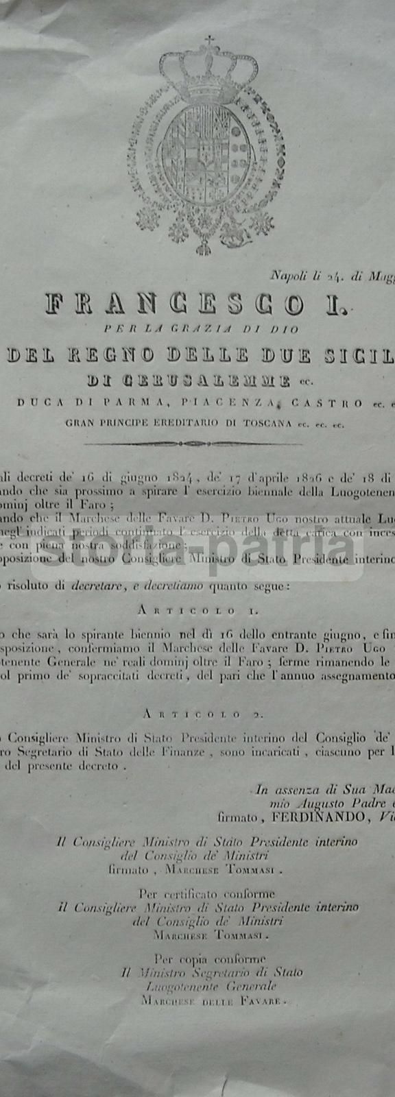 Editto Borbonico 1830 Con Stemma Araldico: Nomina Di Pietro Ugo, Marchese Delle Favare