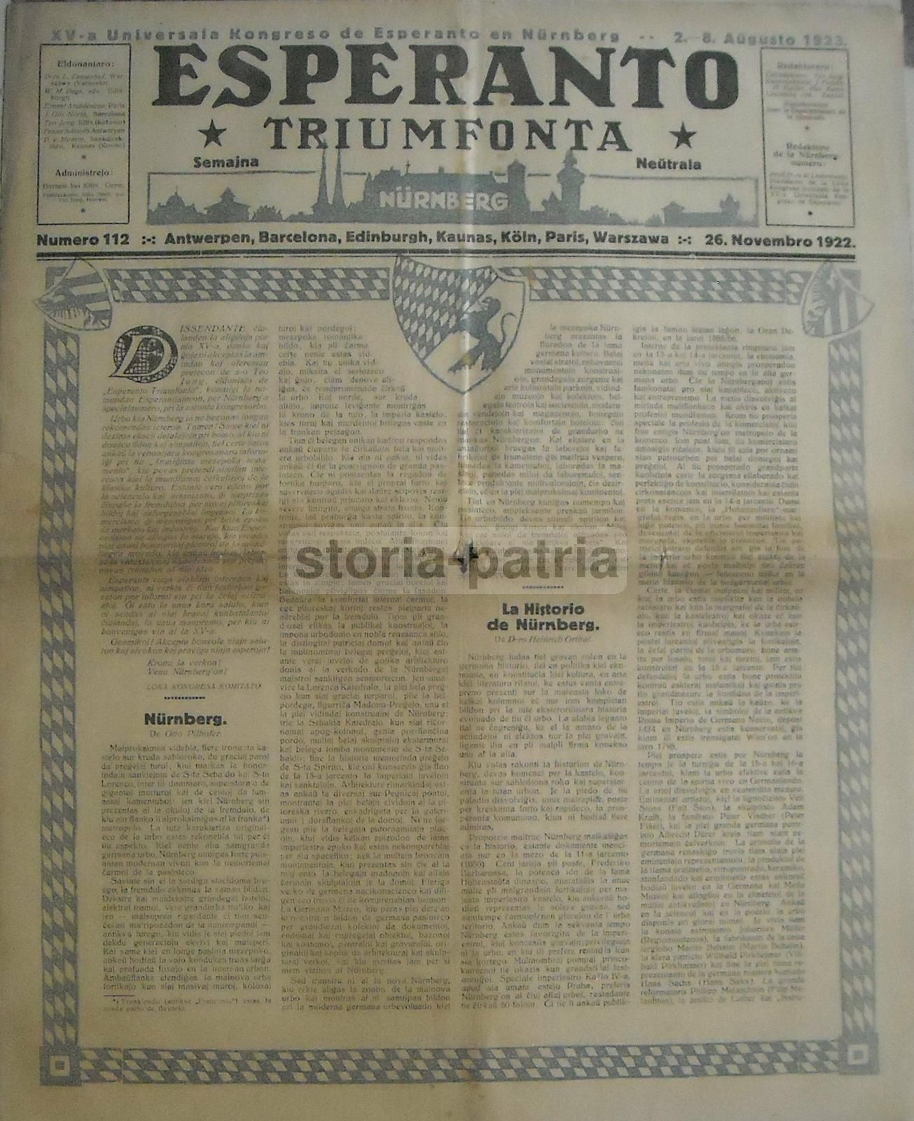 Giornale Esperanto Triumfonta Nurnberg 1922 Araldica Illustrato